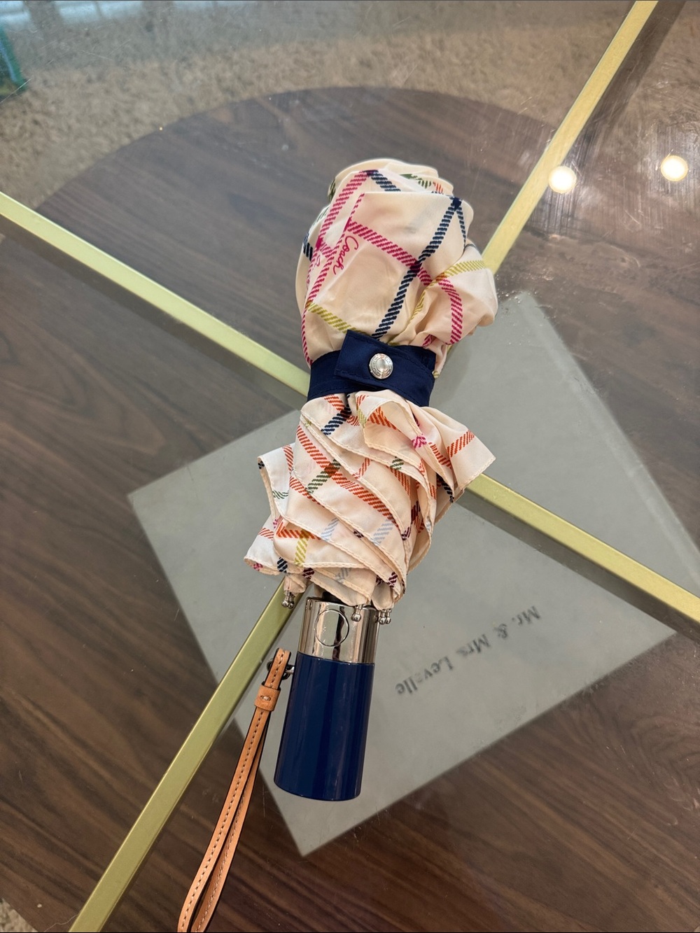 Coach Beige Plaid Folding Umbrella with Navy Handle